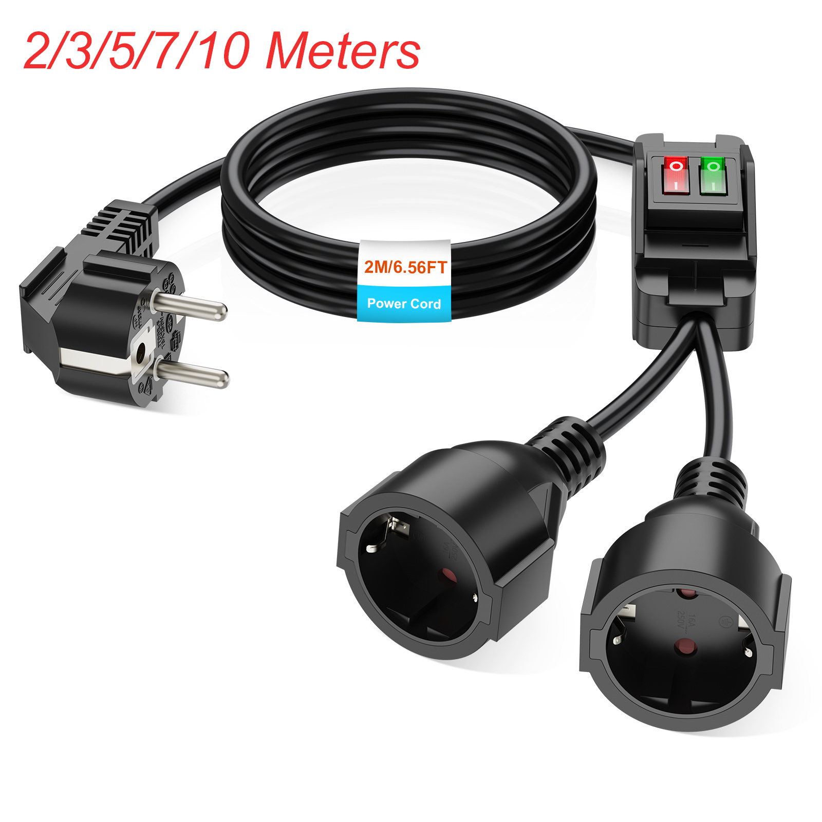 Outdoor Power Extension Cord - EUプラグ延長コード、オン/オフスイッチ付き、0.4/2/3/5/7/10m電源ケーブル、2つのシュコソケット、IP44、家庭用/屋外用、黒