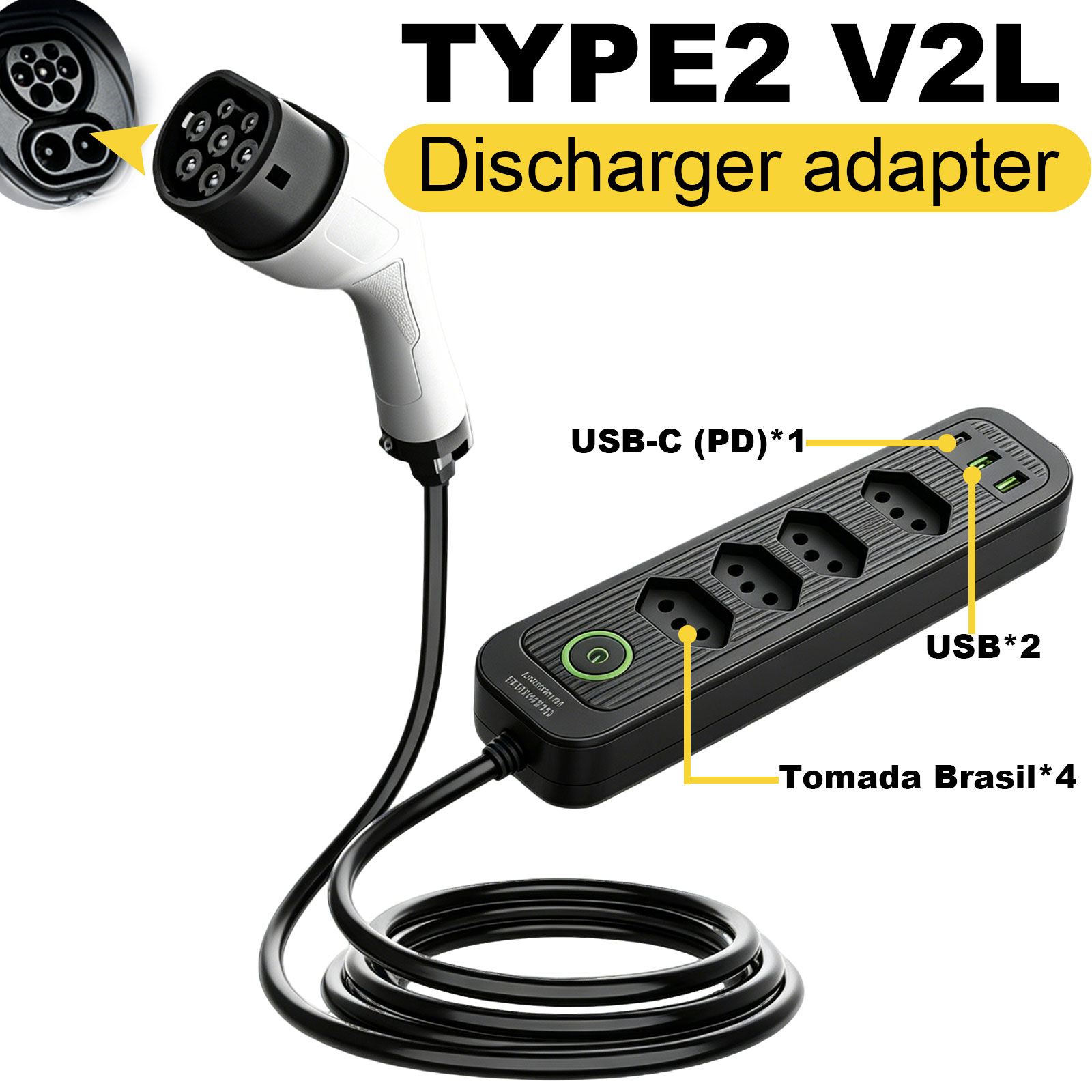 Outdoor Power Port - タイプ2 V2L放電アダプター 16A ブラジルソケット EVから屋外電源ステーションへ BYD