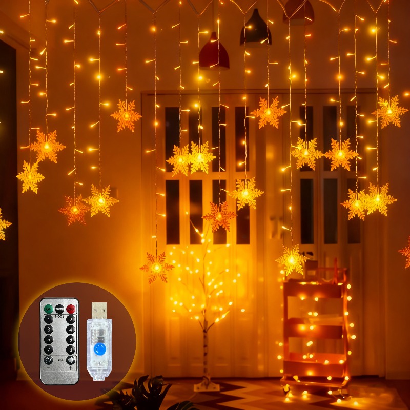 Outdoor Power For Xmas Lights - USB電源式スノーフレークカーテンライト リモコン付き 8モード IP65防水 LEDハンギングライト 窓用
