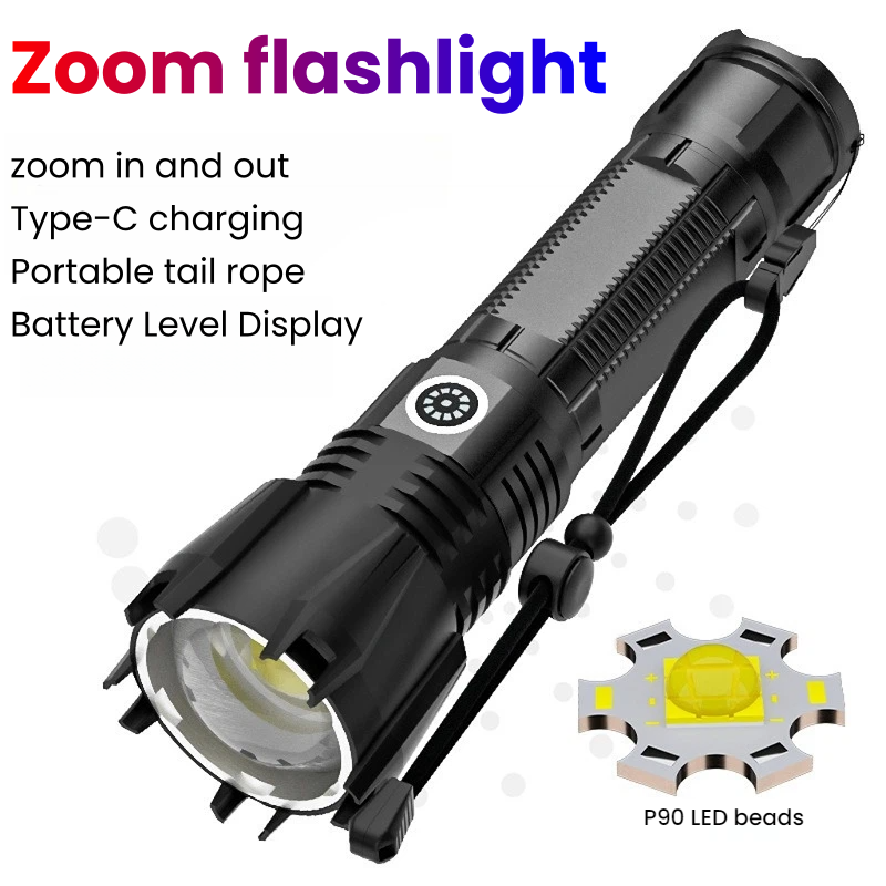 高出力 P90 LED 懐中電灯 TYPE-C 充電式ズーム - Outdoor Power Meter のレビューと価格
